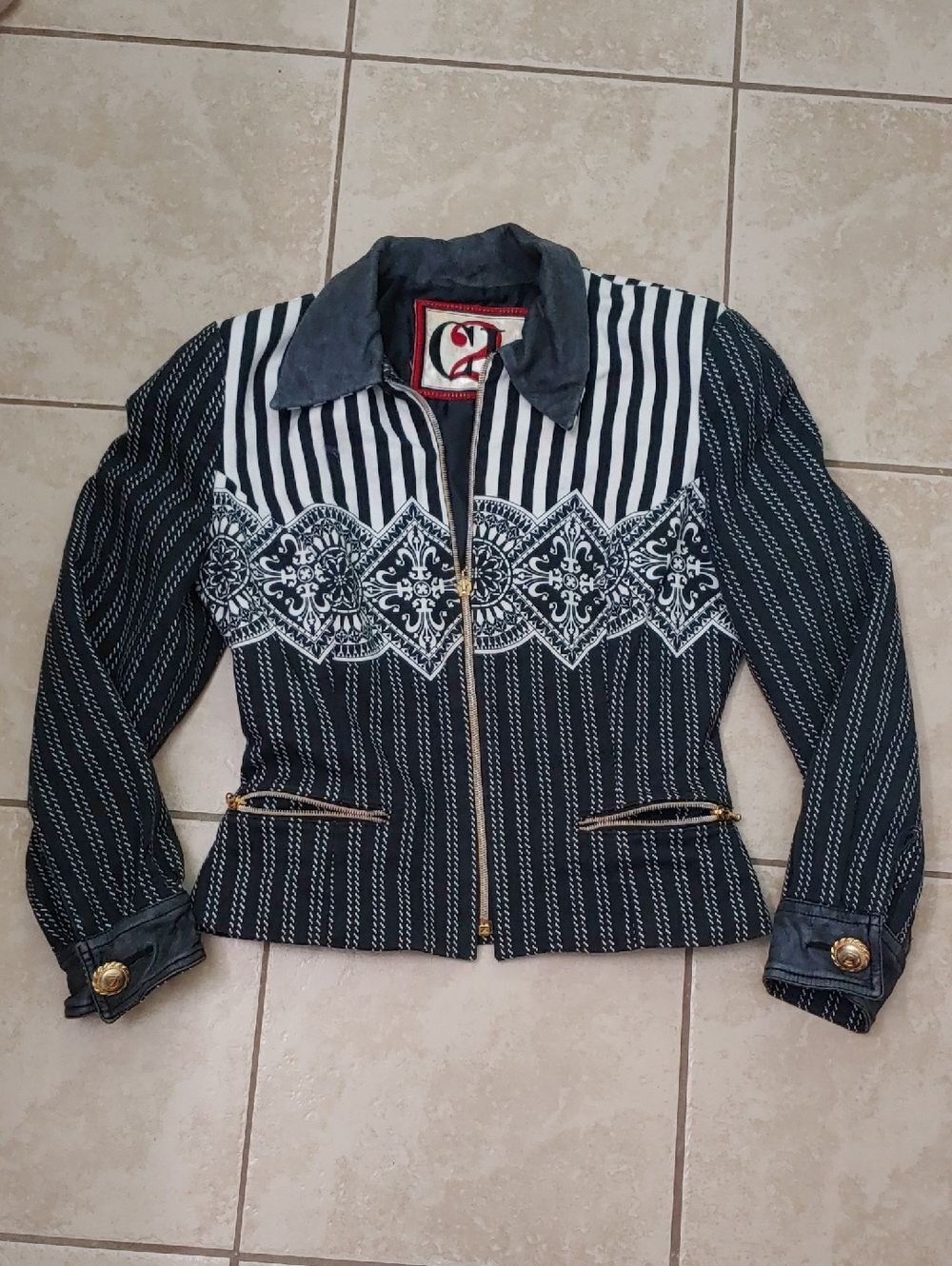 Vintage Christian Llinares Jacket CL2 B&W Striped Designer Coat Women's Size 8